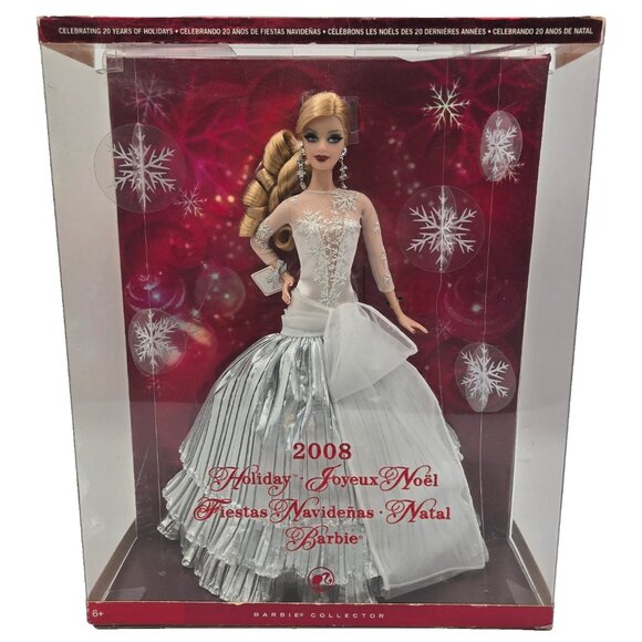 2008 Holiday Barbie Doll Celebrating 20 Years White Dress Blonde Rooted Eyelash - Picture 1 of 16